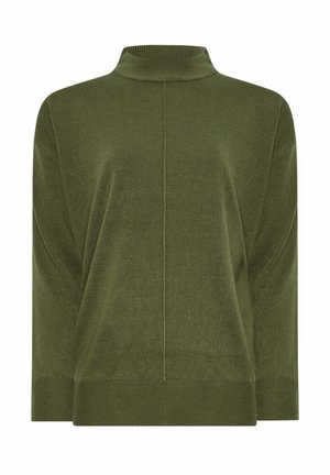 Suéter de color verde oliva con un cuello alto, hombros caídos y un dobladillo acanalado. Textura suave, corte relajado y detalle de costura central.