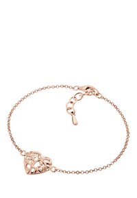 Armband i roséguld med en hjärtformad berlock med en intrikat spetsliknande design. Kedjan har en kräfta lås och justerbara länkar.