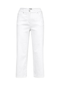 Witte denim rechtgesneden broek met een knoop- en ritssluiting aan de voorkant, voorzien van voorzakken en een schone, gladde textuur.