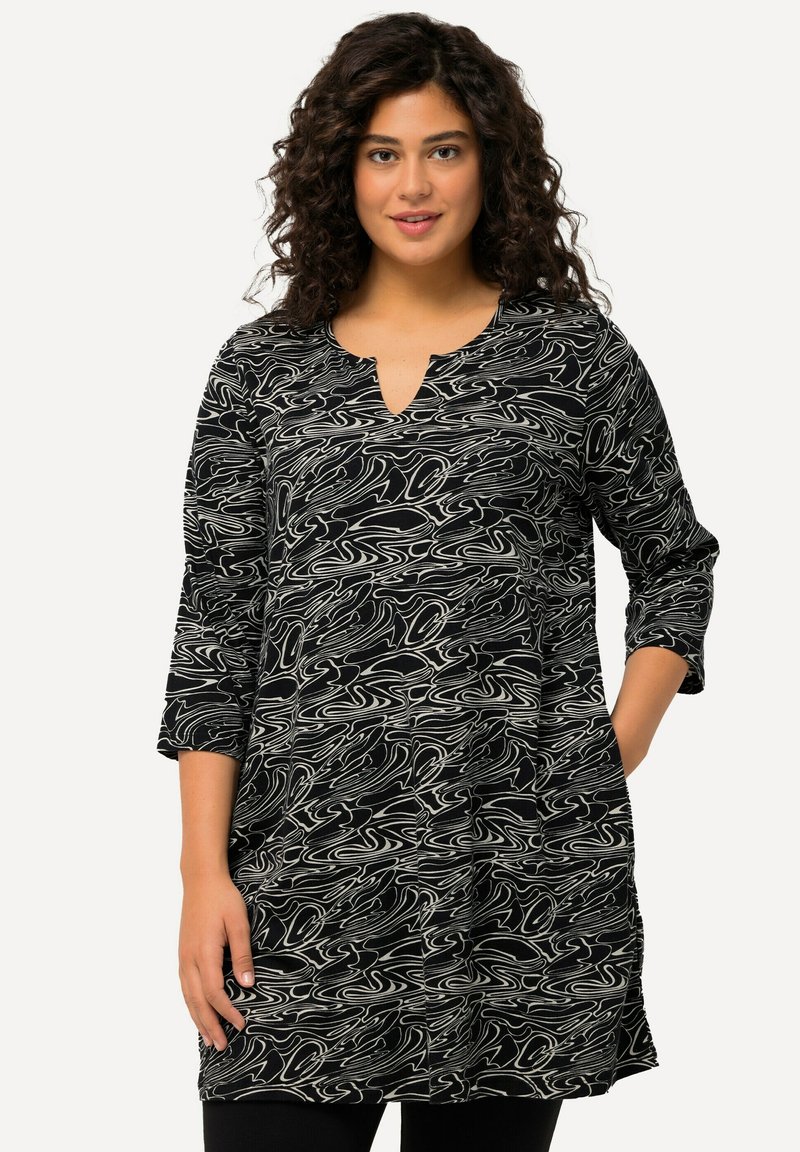 Ulla Popken LONG GOLVEN A-LIJN BLADEREN 3/4-MOUWEN - Langarmshirt - zwart