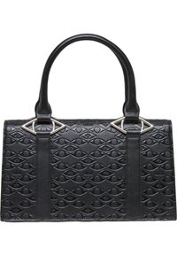 Schwarze Lederhandtasche mit geprägtem Diamantmuster, silbernen Hardware-Akzenten, doppeltengriffen und strukturierter rechteckiger Form.