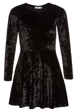 Vestido largo de terciopelo negro aplastado con mangas largas, cintura ajustada y falda acampanada, escote redondo, adecuado para niños de 14 años.