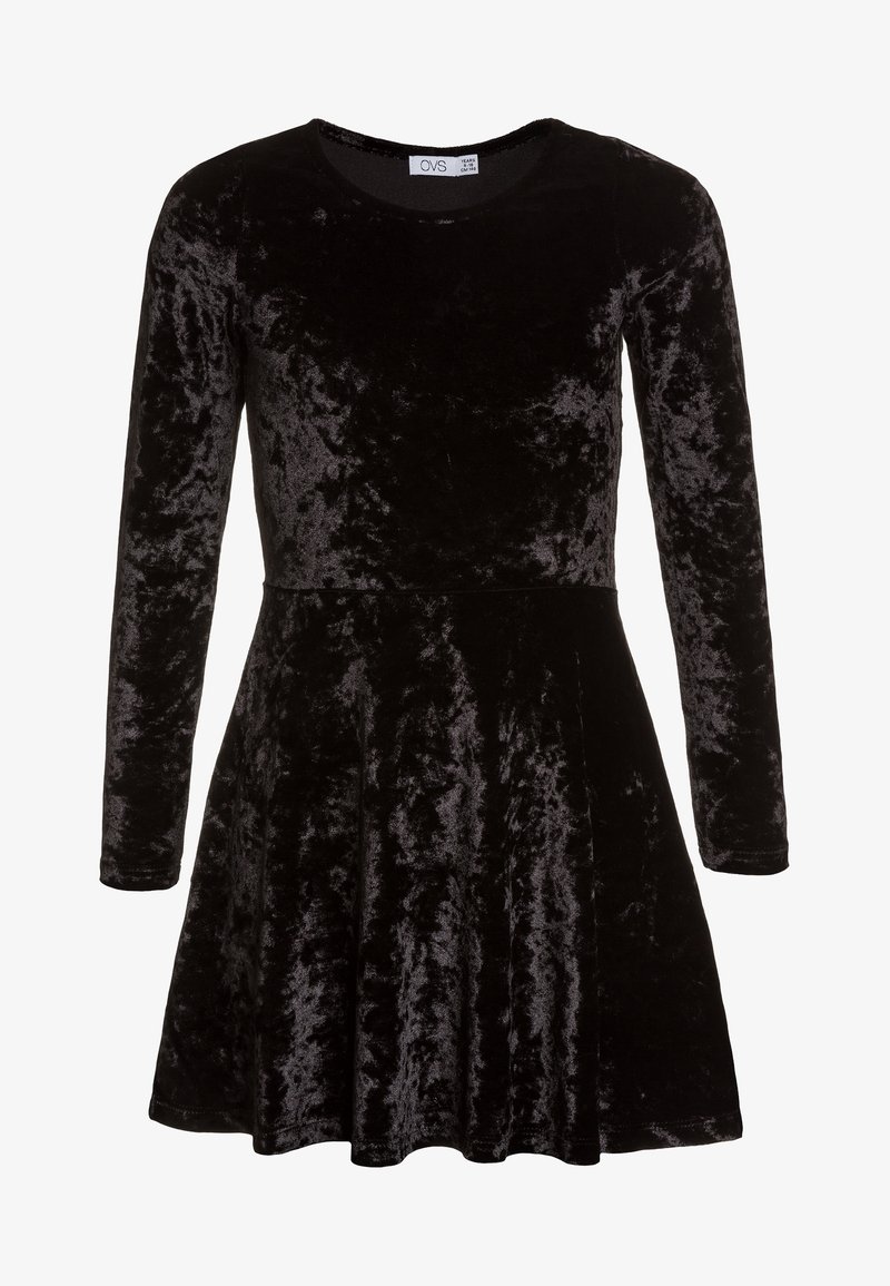 Robe longue à manches longues en velours noir écrasé avec une taille cintrée et une jupe évasée, col rond, adaptée aux enfants de 14 ans.