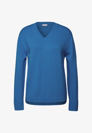 V-ringad tröja i klarblått, tillverkad av ett strukturerat stickat material, med långa ärmar och ribbade muddar samt nederkant.