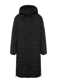 Schwarzer, gesteppter langer Mantel mit Kapuze, ausgestattet mit einem Reißverschluss vorne, elastischem Kordelzug am Halsausschnitt und seitlichen Taschen.