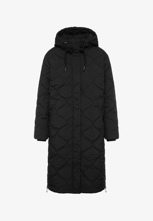 Black quilted long coat with a hood, featuring a front zipper closure, elastic drawstring at the neckline, and side pockets.