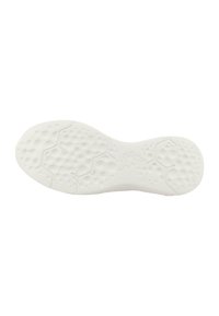 Semelle de sneaker blanche avec un motif texturé en nid d'abeille. Présente des bords arrondis et une finition lisse ; design minimaliste sans marque.