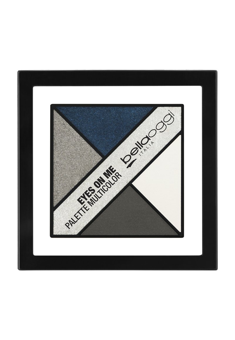 Palette di ombretti multicolore in una custodia quadrata; presenta tonalità navy, argento, grigio e bianco disposte in sezioni geometriche con un bordo nero.