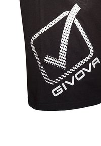 Černé tričko s velkým bílým grafickým designem obsahujícím zaškrtávací značku a tečkované vzory, označené "GIVOVA" v tučném písmu.