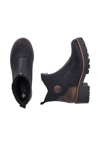 Bottines noires avec fermeture éclair latérale, patch marron au talon, semelle crantée épaisse et bout arrondi, vues de dessus et de côté.