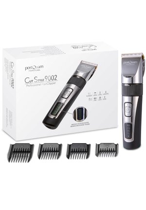 Tondeuse à cheveux professionnelle noire et argentée avec écran LED, présentée avec quatre peignes d’attache noirs et boîte produit blanche.