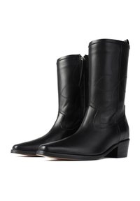 Botine negre din piele cu vârf ascuțit, detalii de broderie florală și toc mic. Închidere cu fermoar lateral pentru o îmbrăcare ușoară.