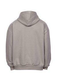 Overdimensjonert grå hettegenser med snor, ribbede mansjetter og linning; mykt stoff, glatt tekstur og enkelt, uhindret design.