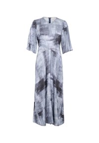 Abito midi grigio con un motivo astratto in bianco e nero. Presenta maniche corte svasate, scollo a V e una cerniera nascosta sul retro.