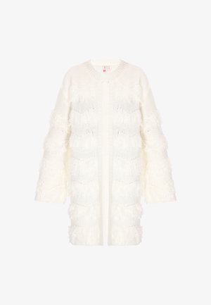 Weißer Strick-Cardigan mit strukturierten Rüschendetails, offenem Vorderteil und weitenÄrmeln. Aus leichtem, luftigen Stoff und in lässigem Design.