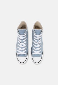 Light blue high-top sneakers made of canvas, featuring white laces, a white rubber toe cap, and black trim along the sole.