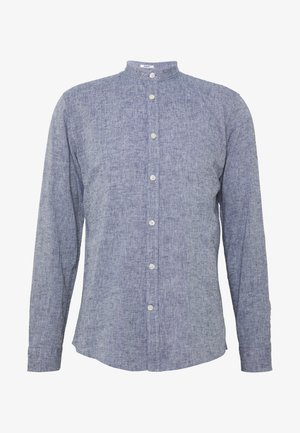 Blauw overhemd met lange mouwen, voorzien van een mandarijnkraag, knoopsluiting aan de voorkant en een gestructureerde stof met een subtiel patroon.
