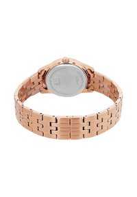 Rosegold Edelstahl-Armbanduhr mit einem Gliederarmband-Design. Verfügt über ein rundes Gehäuse und eine glatte silberne Rückseite, wasserdicht bis 5 ATM.