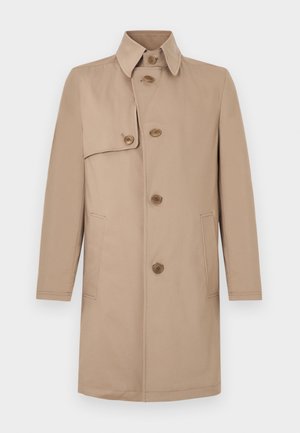 Beige trench coat made of a smooth fabric, featuring a high collar, three large buttons, and two side pockets. Straight-cut design.