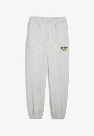 Pantalon de survêtement gris en mélange de coton, avec une ceinture élastique, des poignets élastiques, et des logos verts brodés sur la cuisse gauche et la poche.
