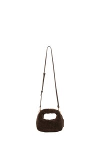 Brown faux fur handbag with a rounded body, a cut-out handle, and an adjustable strap, featuring gold hardware accents.