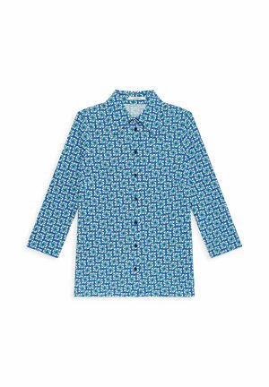 Camicia blu a maniche lunghe con motivo geometrico in bianco, verde e turchese, con colletto e bottoni frontali.