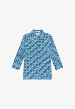 Chemise bleu à manches longues avec un motif géométrique en blanc, vert et turquoise, dotée d'un col et de boutons sur le devant.