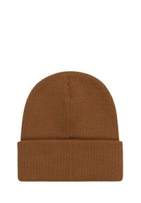 Berretto a maglia marrone con orlo arrotolato, caratterizzato da una texture a coste e un design superiore arrotondato. Realizzato in tessuto morbido e stretch.