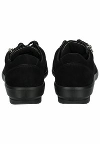 Black suede shoes with a smooth texture, rounded design, and black rubber soles. Features a zip closure on each side.