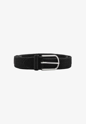 Ceinture en tissu tissé noir avec boucle en métal argenté et passant en cuir noir sur fond blanc.