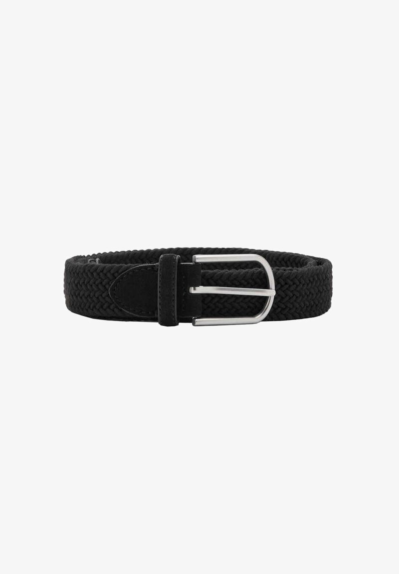 Ceinture en tissu tissé noir avec boucle en métal argenté et passant en cuir noir sur fond blanc.