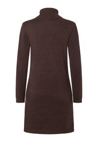Bruine gebreide sweaterjurk met een hoge kraag, lange mouwen en ribgebreide randen. GLadde textuur met een losse pasvorm.