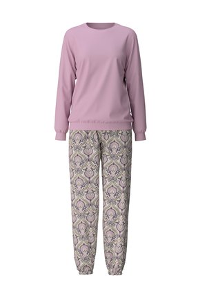 Lichtpaarse lange mouw top met elastische manchet, gecombineerd met een broek met een patroon met een bloemenontwerp in paarse, groene en crèmekleurige tinten.