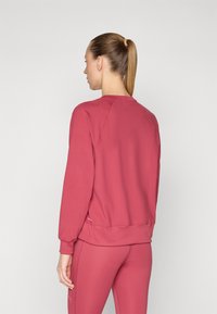 Felpa rosa con colletto rotondo, polsini a costine e vita. Il tessuto appare morbido e ha una texture liscia.