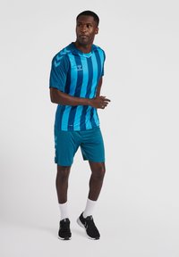 Mėlyna ir turkio spalvos sportinė marškinė su vertikaliomis juostelėmis, derinamos su atitinkamomis šortais. Audinys atrodo lengvas. Juodi sportiniai batai ir balti kojinės.