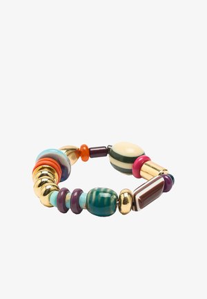 Elastyczna bransoletka z różnorodnymi koralikami, w tym złotymi, turkusowymi, fioletowymi, pomarańczowymi, paskowanymi oraz prostokątnymi brązowo-białymi koralikami na białym tle.