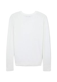 Maglione bianco a maniche lunghe con scollo tondo, polsini a coste e una texture a maglia liscia. Vista posteriore, con un design semplice e pulito.