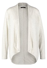 Cardigan en maille gris clair à ouverture devant, manches longues et ourlet incurvé, étiquette "VILA Clothes" à l'intérieur du col.