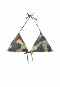 Triangular bikini top with a multicolored, textured fabric featuring a tie halter neck and back closure, accented with metallic hardware.