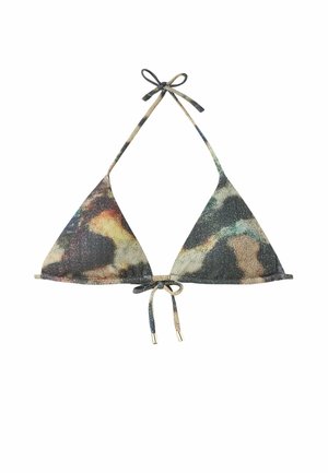 Trekantet bikini top med et flerfarvet, struktureret stof, der har en bindebånd omkring halsen og lukning bagpå, accentueret med metalhardware.