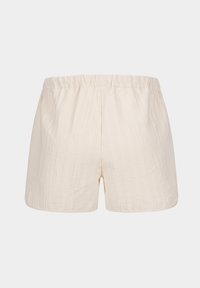 Witte, gestructureerde stoffen shorts met een elastische tailleband. Eenvoudig design, lengte tot halverwege de dijen, en geen extra versieringen of zakken.