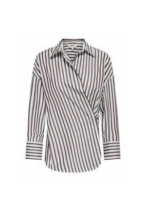 Chemise boutonnée à manches longues avec des rayures verticales noires et blanches et un col pointu, présentée sur fond blanc.