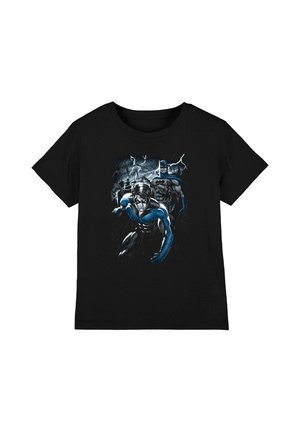 Black t-shirt with graphic of two superheroes in rain and lightning, one in blue and black suit crouching forward, the other in cape behind.