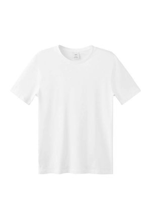 Maglietta bianca in cotone con maniche corte, scollatura rotonda e taglio dritto. Tessuto liscio senza motivi o accenti visibili.