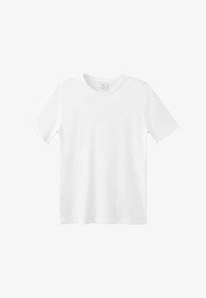 Bela bombažna majica s kratkimi rokavi, okrolim izrezom in ravnim krojem. Gladek tekstura brez vidnih vzorcev ali poudarkov.
