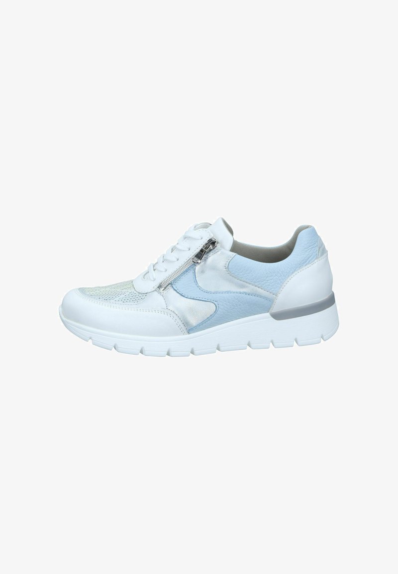White and light blue sneaker featuring mesh and leather materials, a zip closure, padded collar, and textured sole, with a midsole accent.
