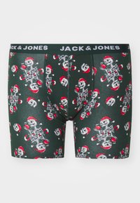 Grüne Boxershorts mit einem festlichen Skelettmuster in Rot und Weiß. Elastischer Bund mit "JACK & JONES"-Logo. Weiches, dehnbares Material.