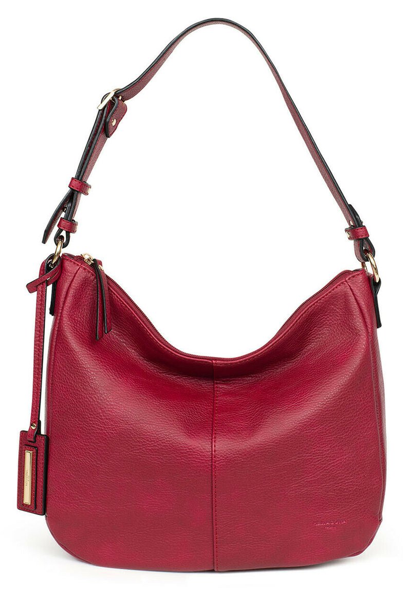 Borsa hobo in pelle rossa con silhouette curvata, tracolla regolabile e hardware dorato. Superficie liscia e testurizzata con chiusura a zip laterale.