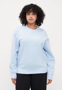 Hellblauer Sweater aus weichem Stoff, mit runder Halslinie und langen Ärmeln, versehen mit gesticktem "Tommy Hilfiger"-Logo über der Brust.