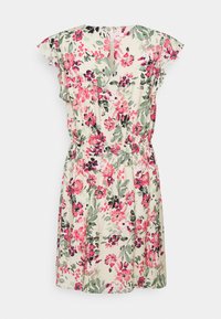 Kukkamekko, jossa on lyhyet röyhelöselkäiset hihat, kapean vyötärön ja vaalean taustan päällä pinkki- ja vihreäkukkakuosi.